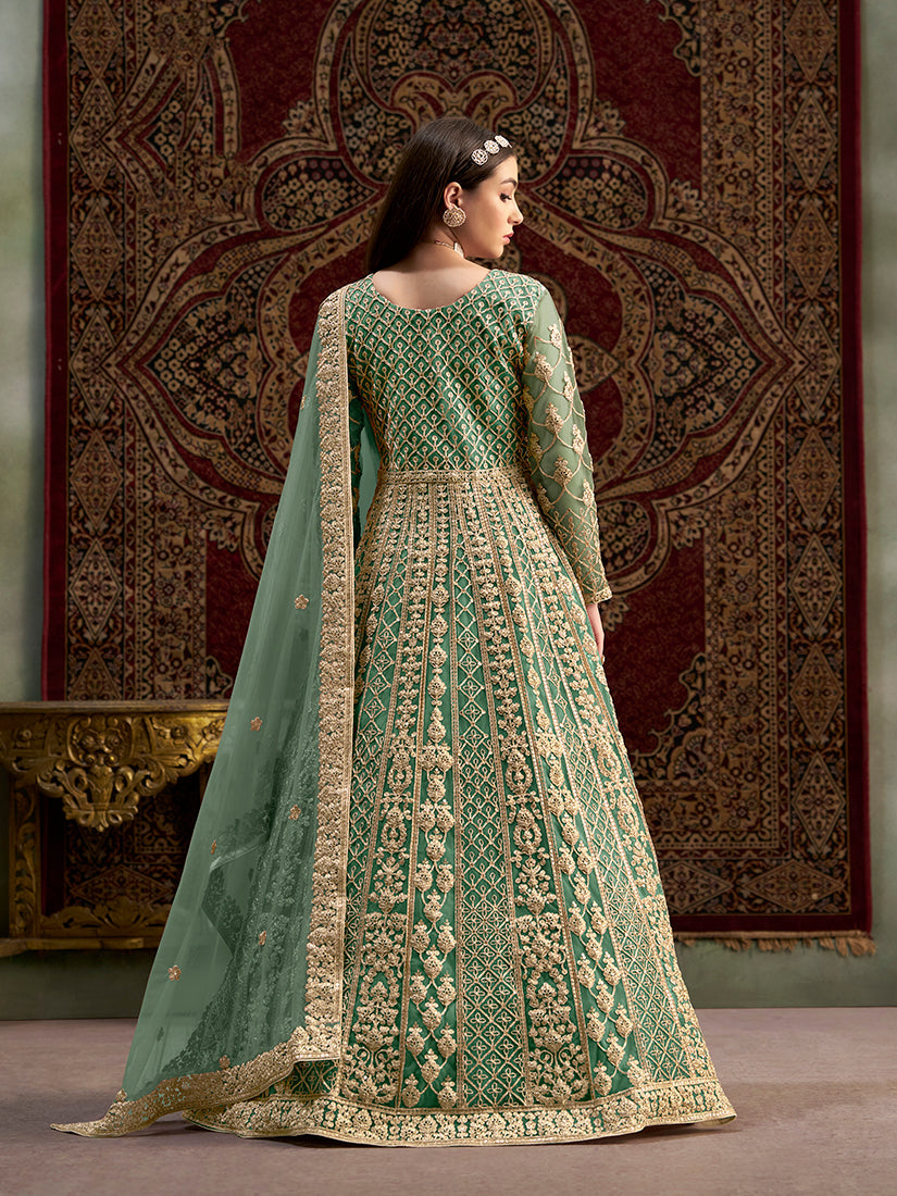 Monjolika Fashion Light-Green Color Embroidered Santoon Net Salwar Suit