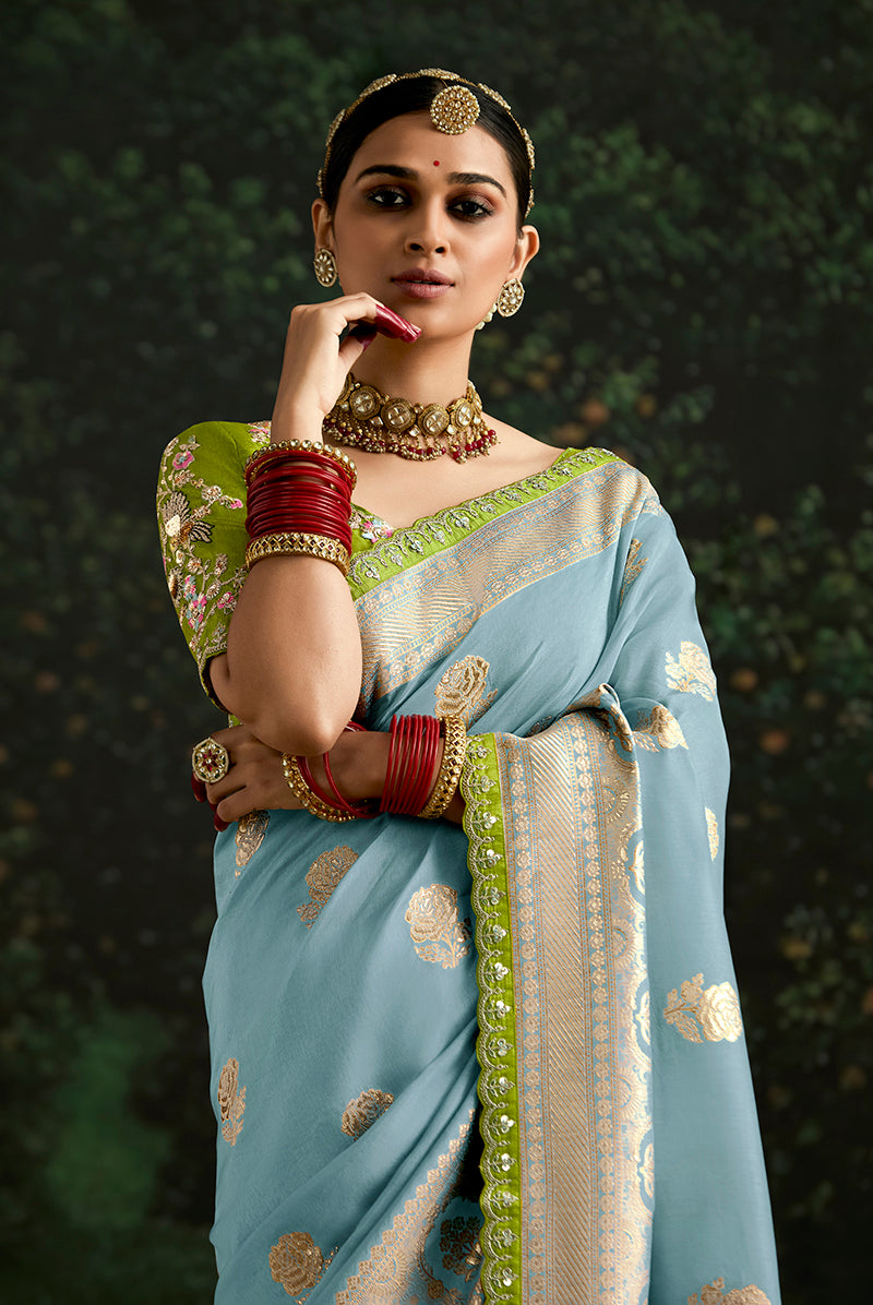Monjolika Fashion Sequins Embroidered Border Work Dola Silk Aqua Blue Reception Classic Saree
