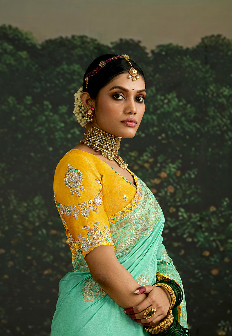 Monjolika Fashion Sequins Embroidered Border Work Dola Silk Turquoise Reception Classic Saree