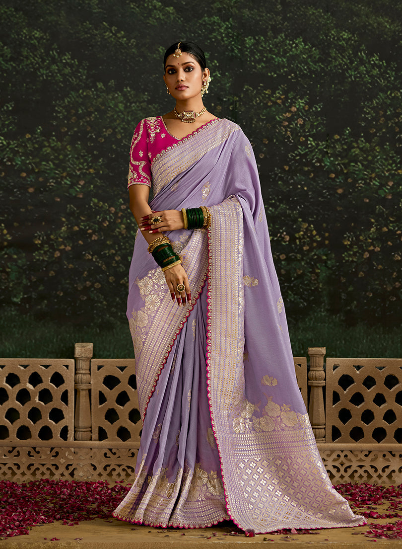 Monjolika Fashion Sequins Embroidered Border Work Dola Silk Lavender Reception Classic Saree
