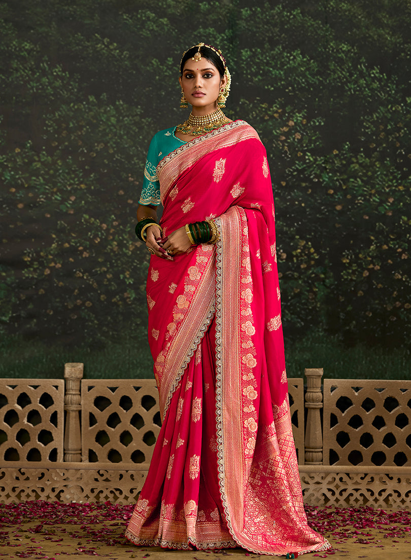 Monjolika Fashion Sequins Embroidered Border Work Dola Silk Crimson Reception Classic Saree