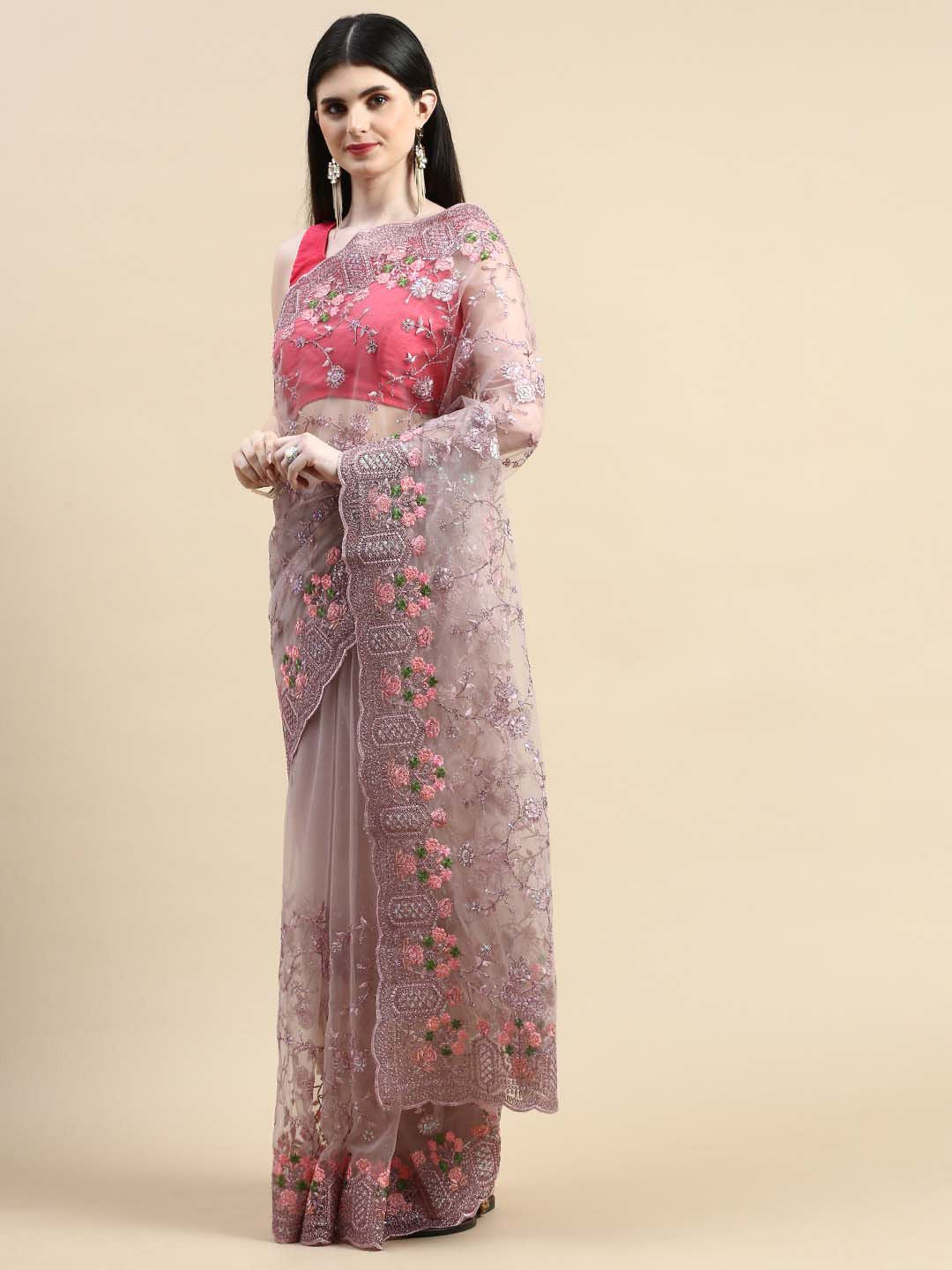 kasee Floral Embroidered Zari Net Saree