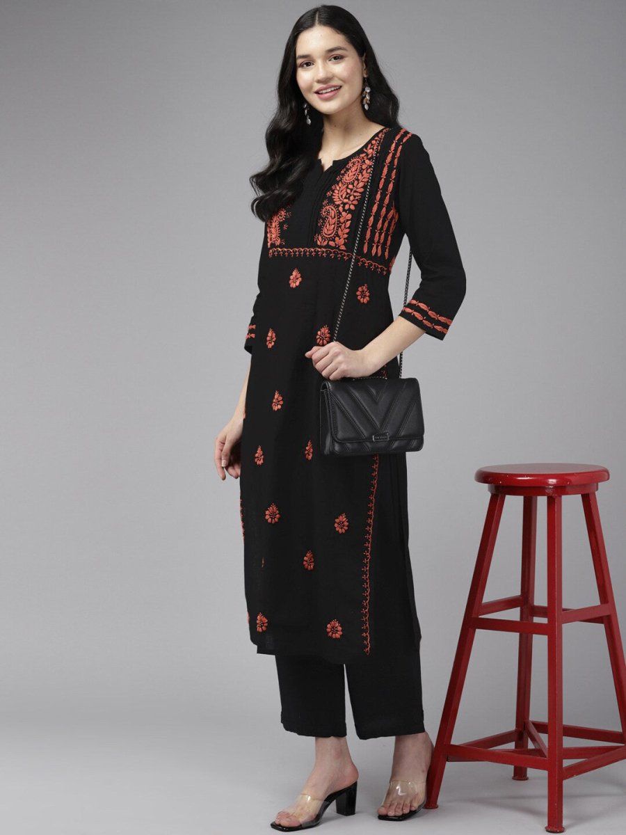 ADA Ethnic Motifs Embroidered Chikankari Cotton Straight Kurta