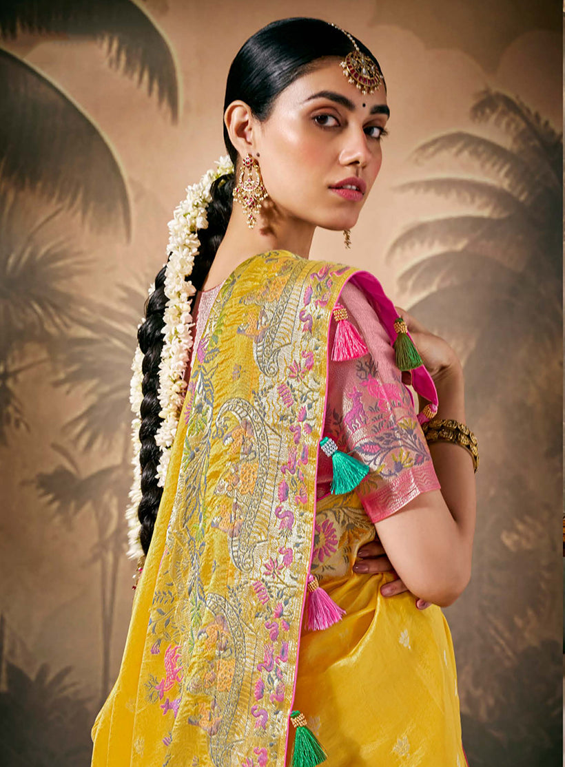 Monjolika Fashion Silk Floral Pattern Zari Work Mustard Contemporary Saree
