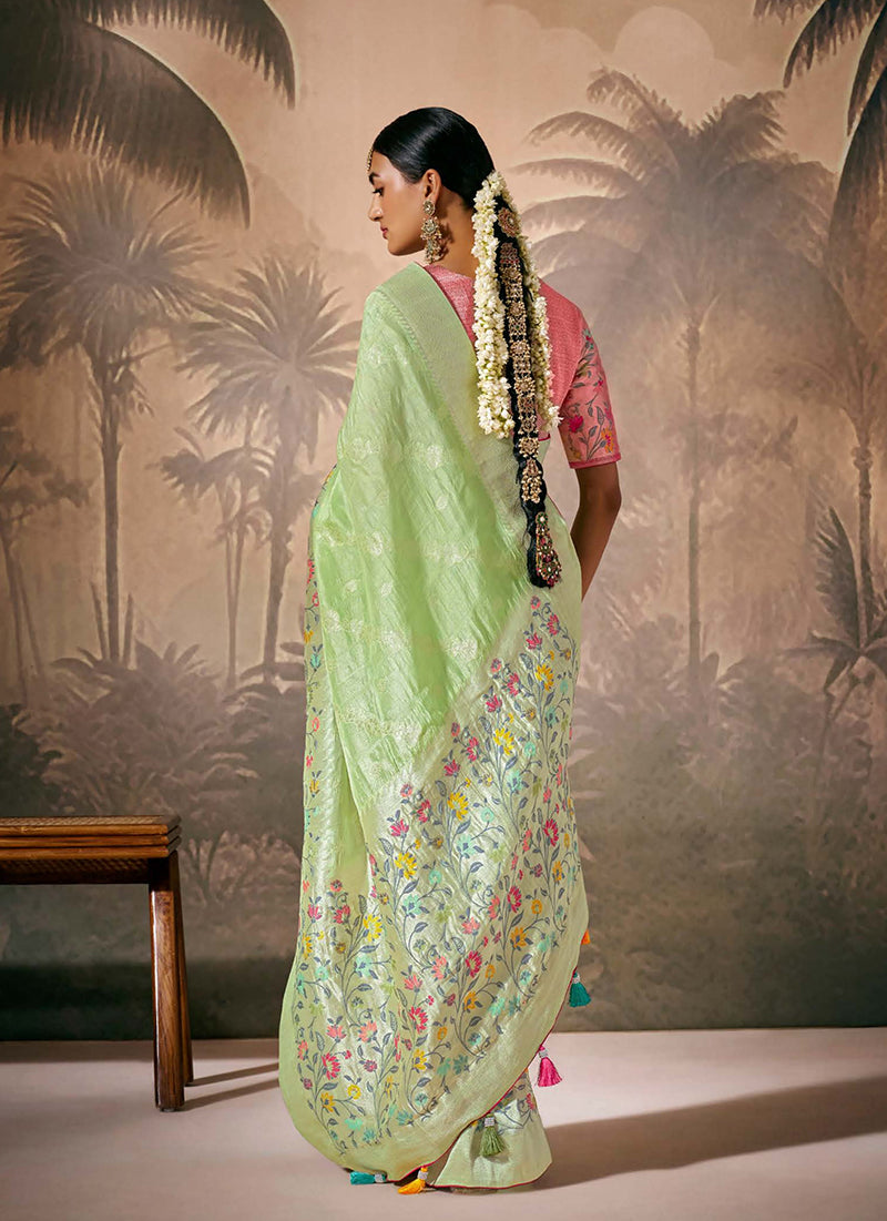 Monjolika Fashion Silk Floral Pattern Zari Work Light Green Contemporary Saree