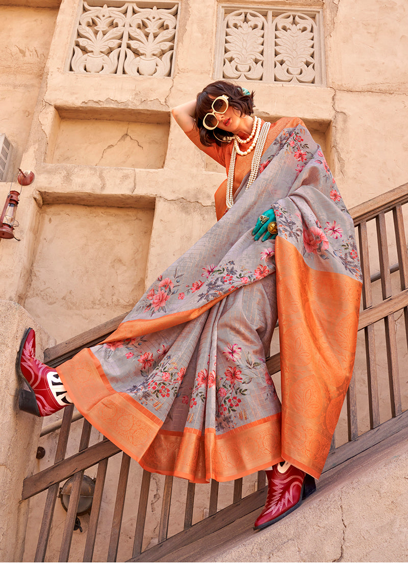 Monjolika Fashion Georgette Weaving Work Digital Print Grey Classic Saree