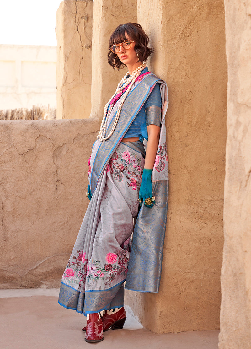 Monjolika Fashion Georgette Weaving Work Digital Print Grey Classic Saree
