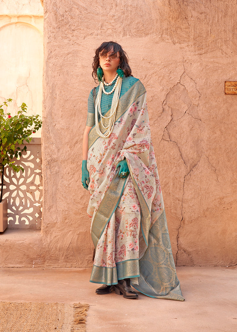 Monjolika Fashion Georgette Weaving Work Digital Print Cream Classic Saree