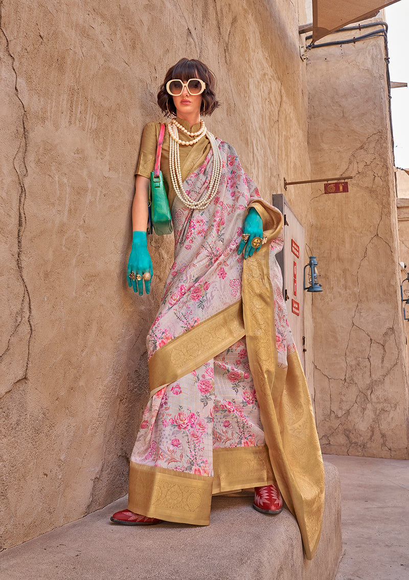 Monjolika Fashion Georgette Weaving Work Digital Print Light Grey Classic Saree