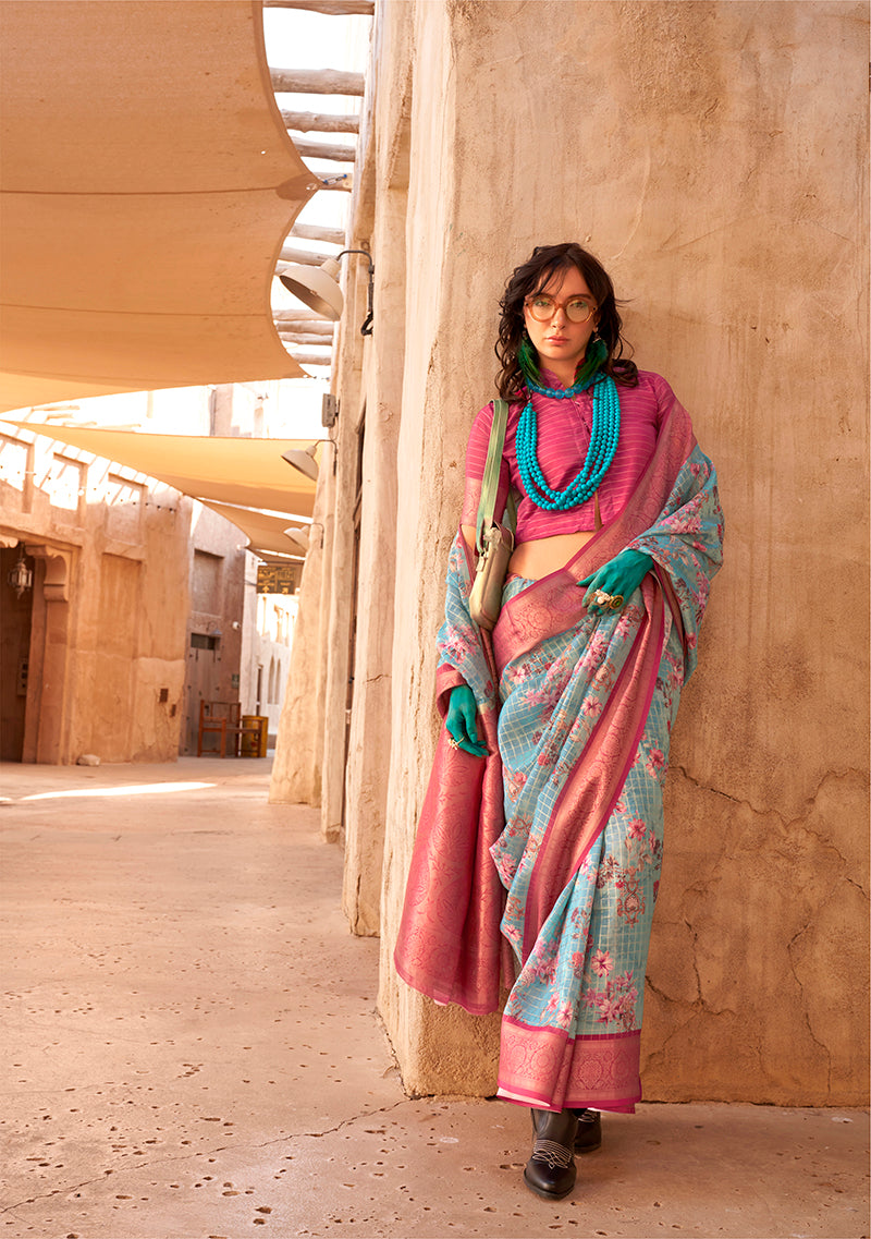 Monjolika Fashion Georgette Weaving Work Digital Print Aqua Blue Classic Saree