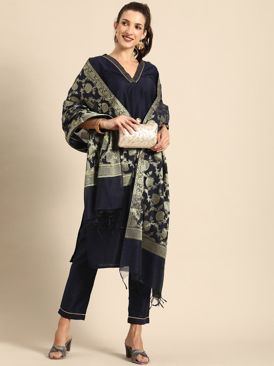 All About You Women Navy Blue Zari Detailed Regular Kurta with Trousers & Dupatta