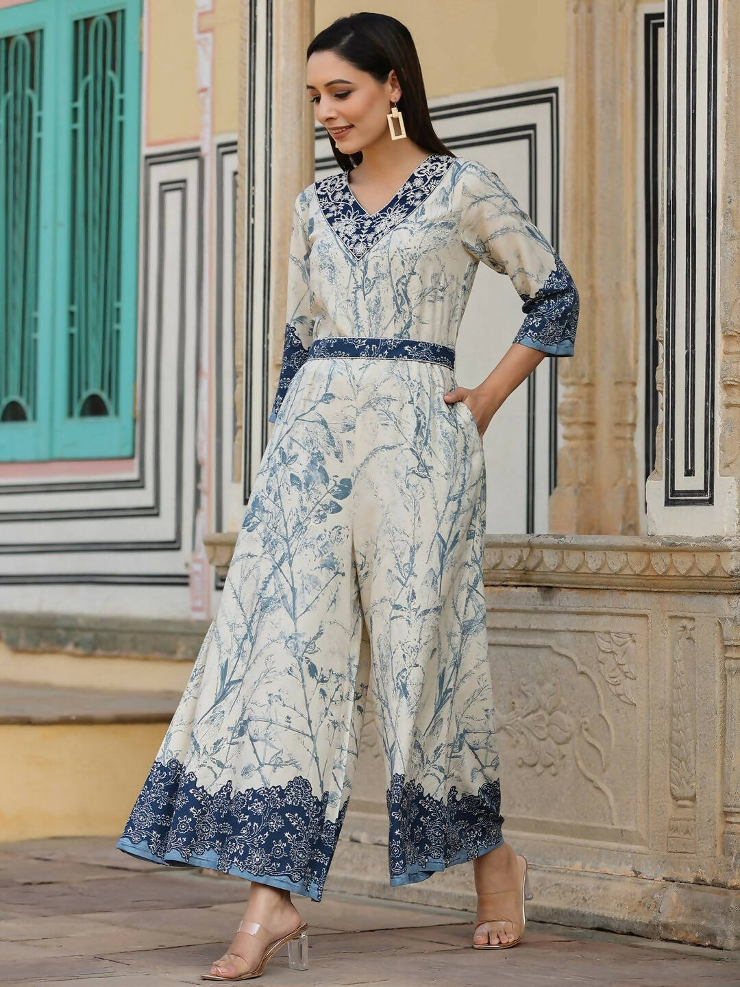 Juniper Women's Offwhite Rayon Staple Printed With Embroidery Straight Jumpsuit
