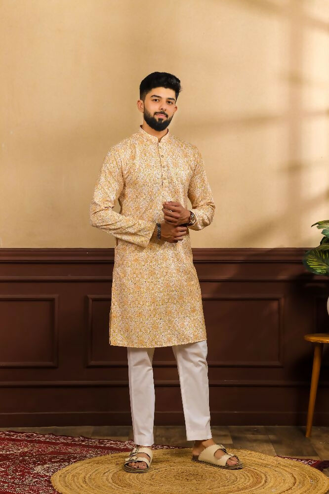 Mustard Art Silk Digital Printed, Embroidery Work Kurta Set - Mahotsav