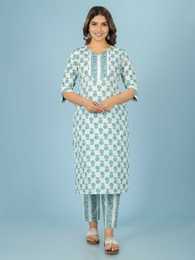 Aramya White Soft Cotton Floral Print Straight Kurta Set for Women