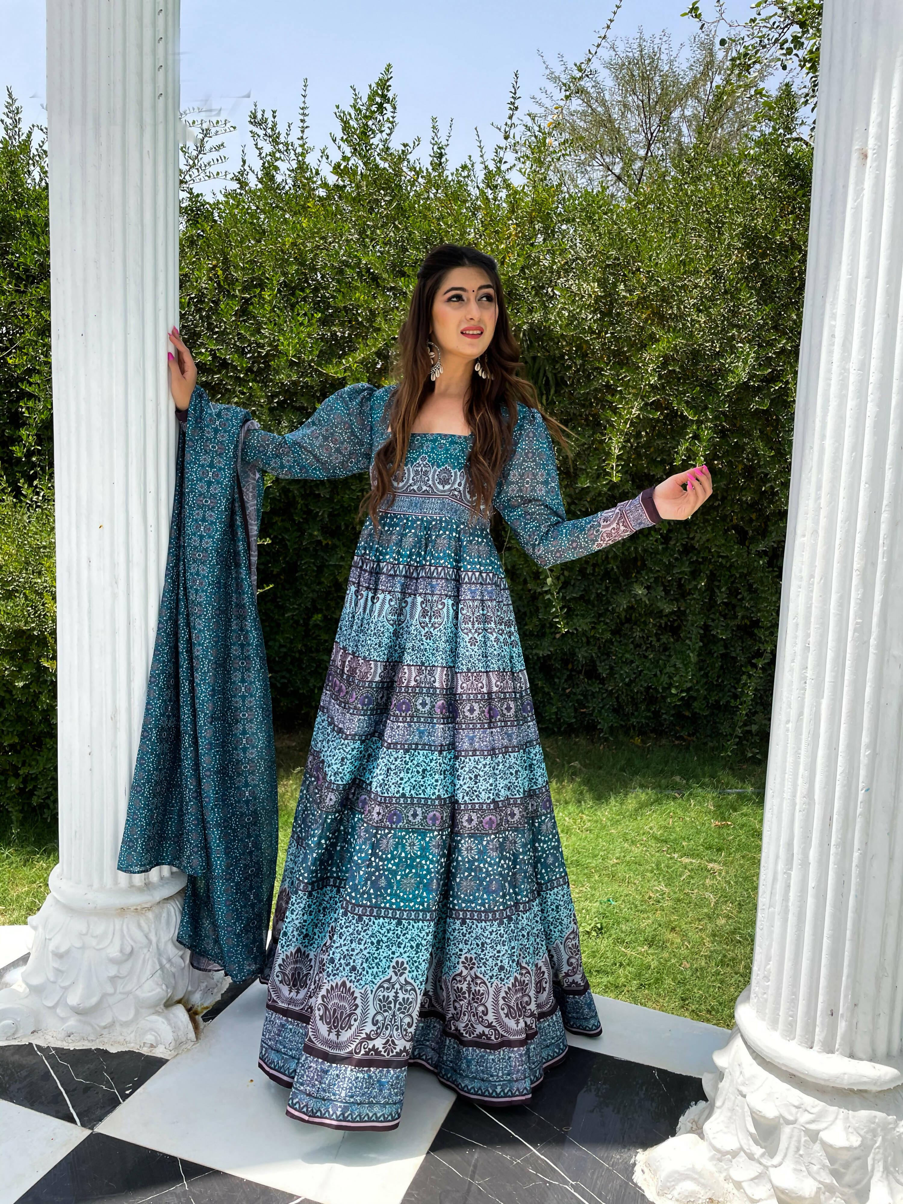 Partywear Designer Skyblue Chanderi Suit - Anbazaar