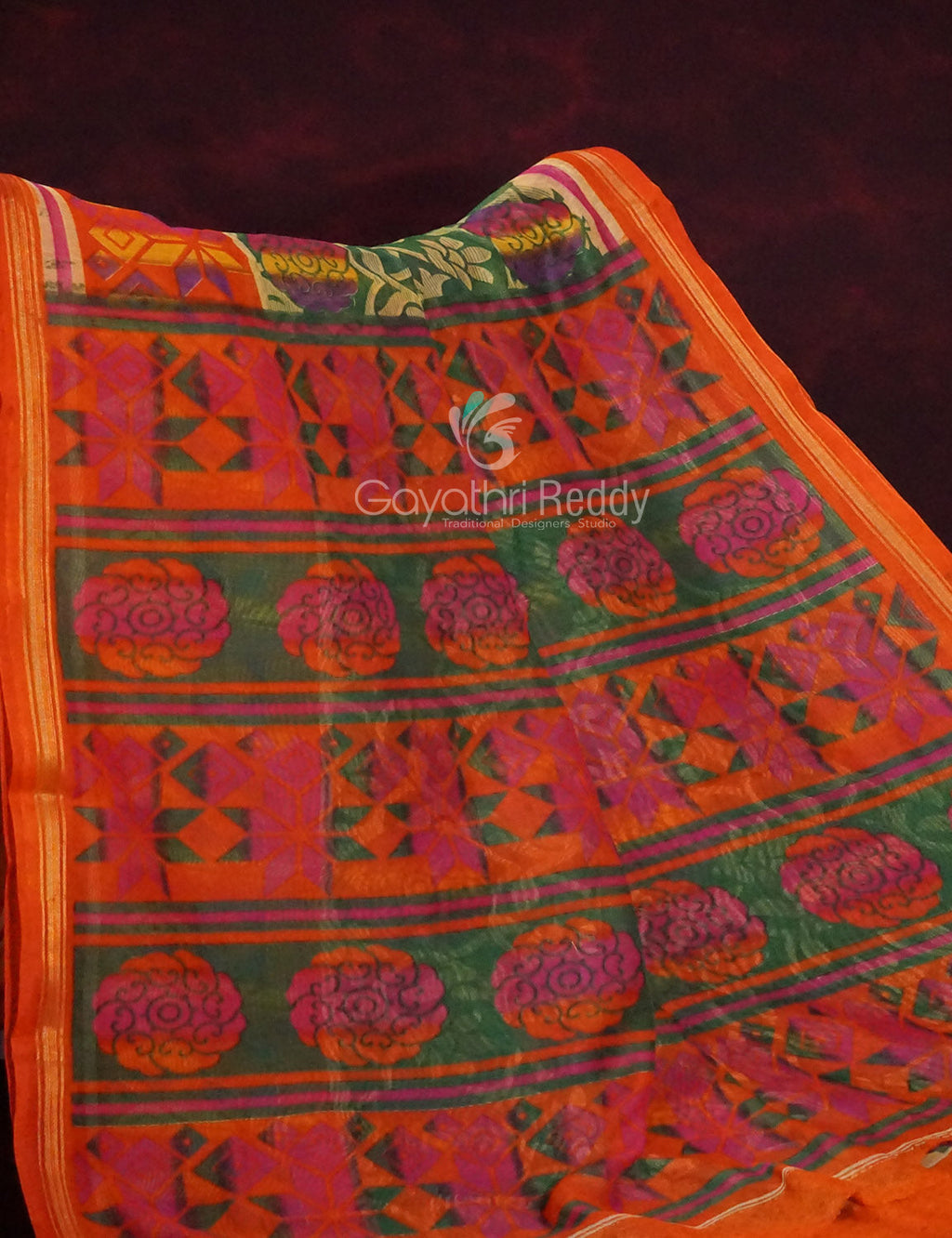 Dark Leaf Green Printed Semi Chanderi Saree By Gayathri Reddy Designer Studio