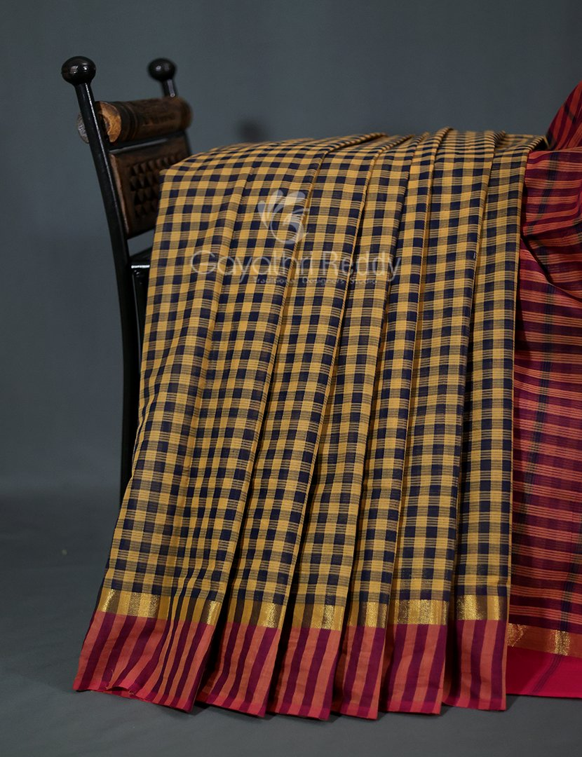 Mustard And Black With Checks Pure Mangalgiri Cotton Saree By Gayathri Reddy Designer Studio