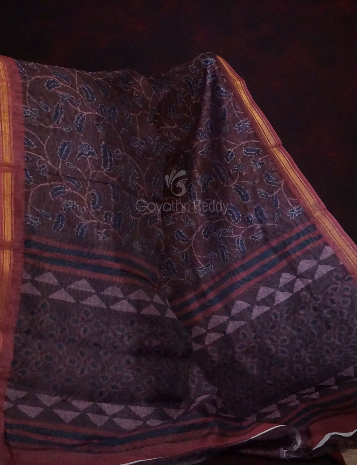 Dark Wine Colour Floral Design Semi Chanderi Saree By Gayathri Reddy Designer Studio