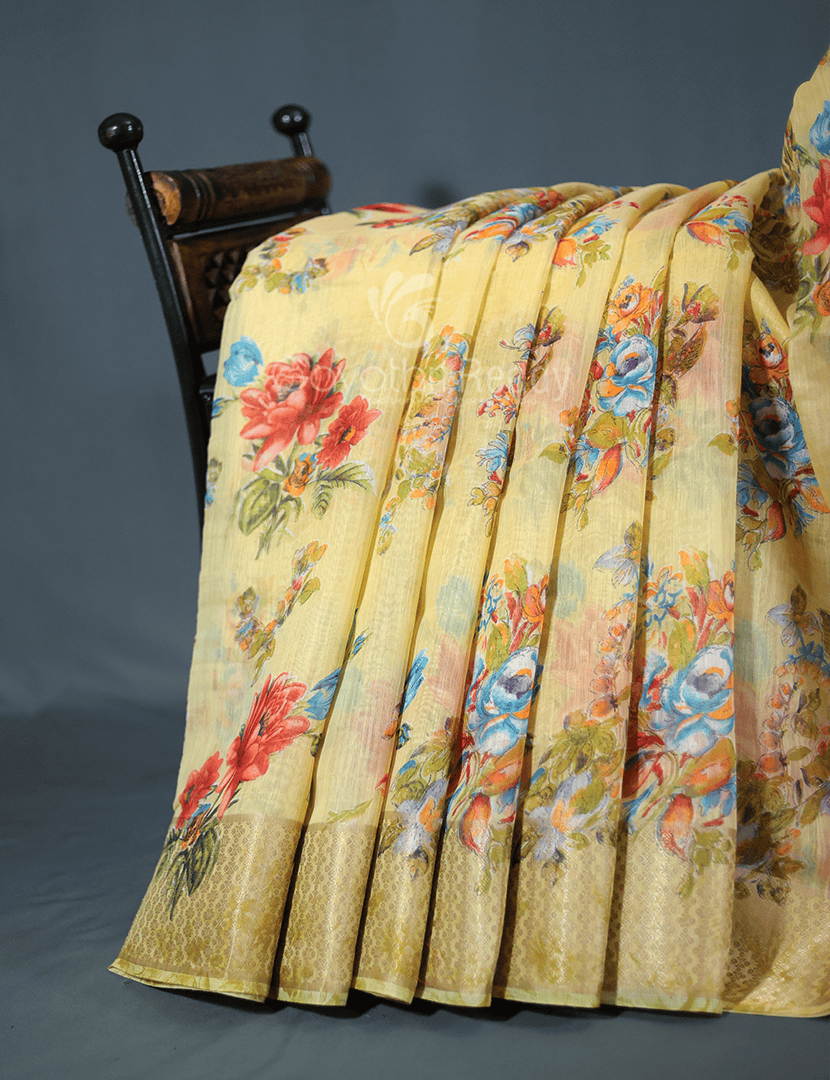 Shades of Light Dry Mehendi With Floral Print Semi Chanderi Saree By Gayathri Reddy Designer Studio