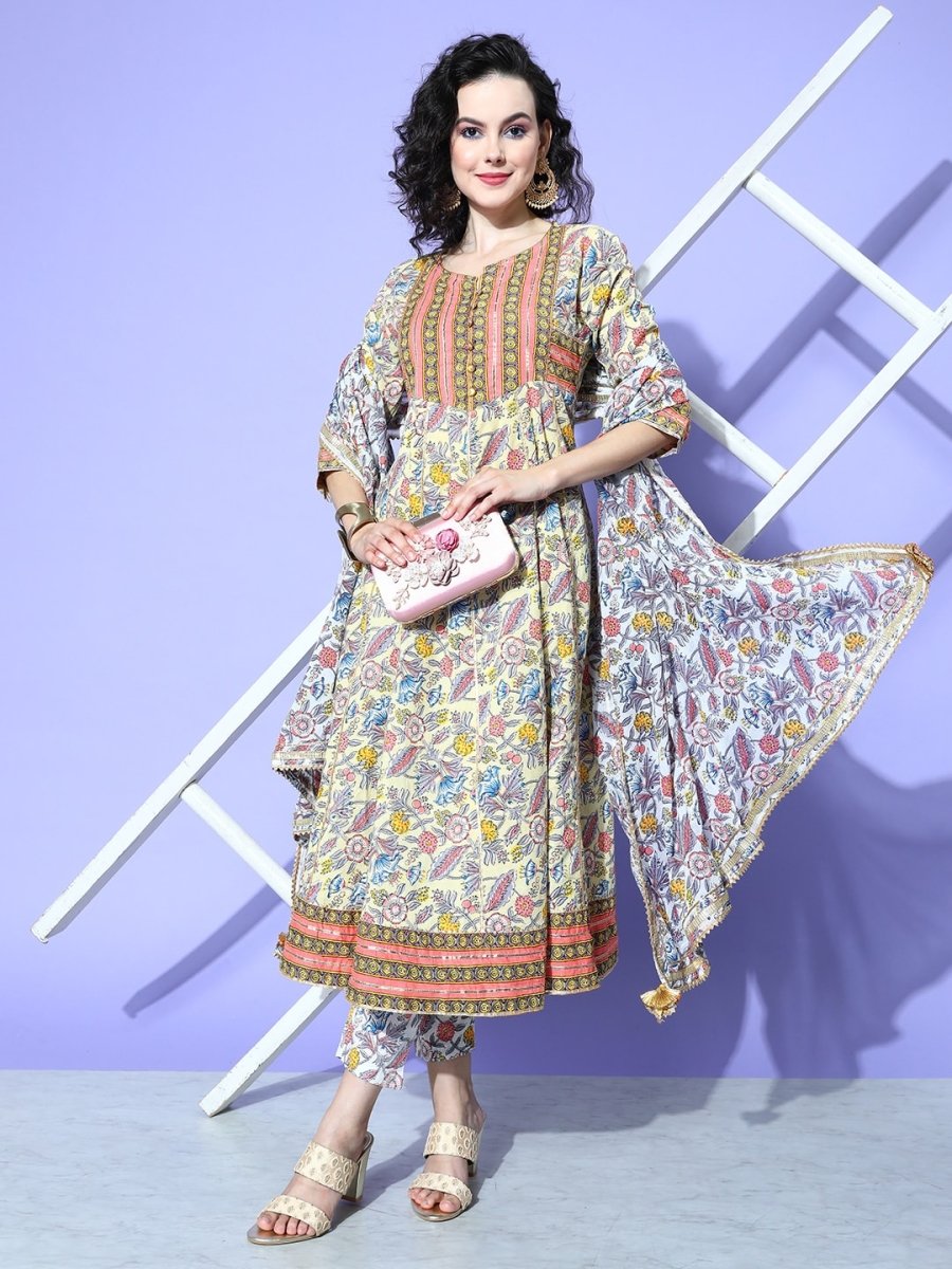 All About You Women Cream-Coloured Floral Printed Regular Gotta Patti Pure Cotton Kurta with Trousers & With