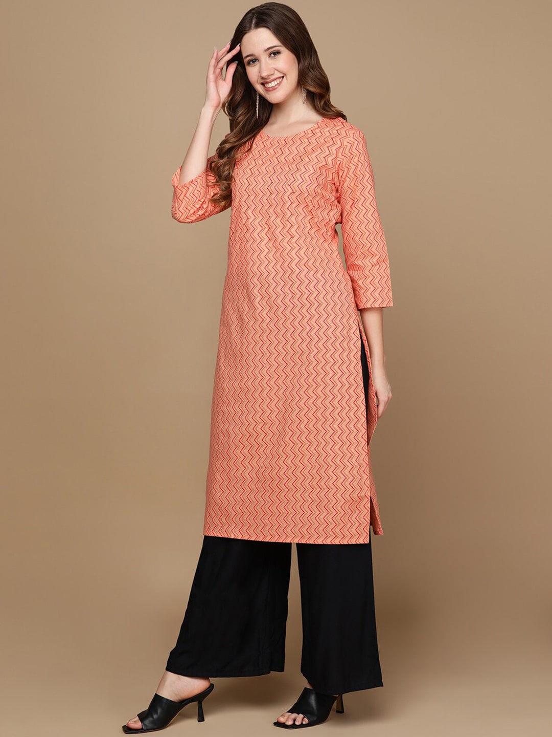 HERE&NOW Peach-Color & Red Chevron Printed Beads Pure Cotton Kurta