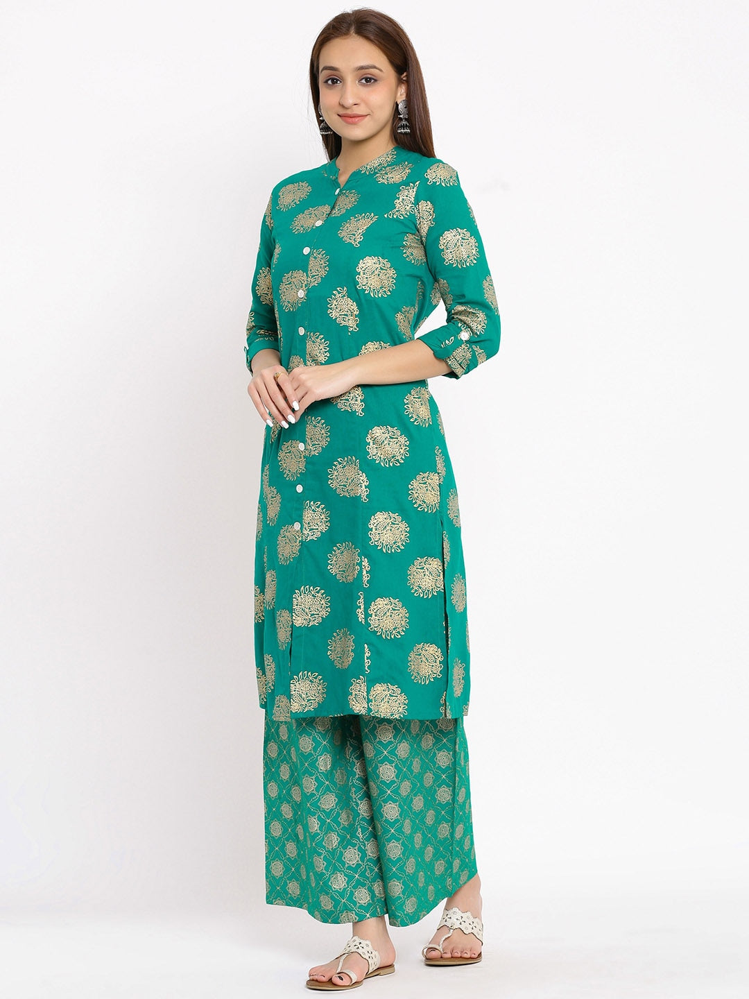 HERE&NOW Green Mandarin Collar Ethnic Motifs Printed A-Line Kurta