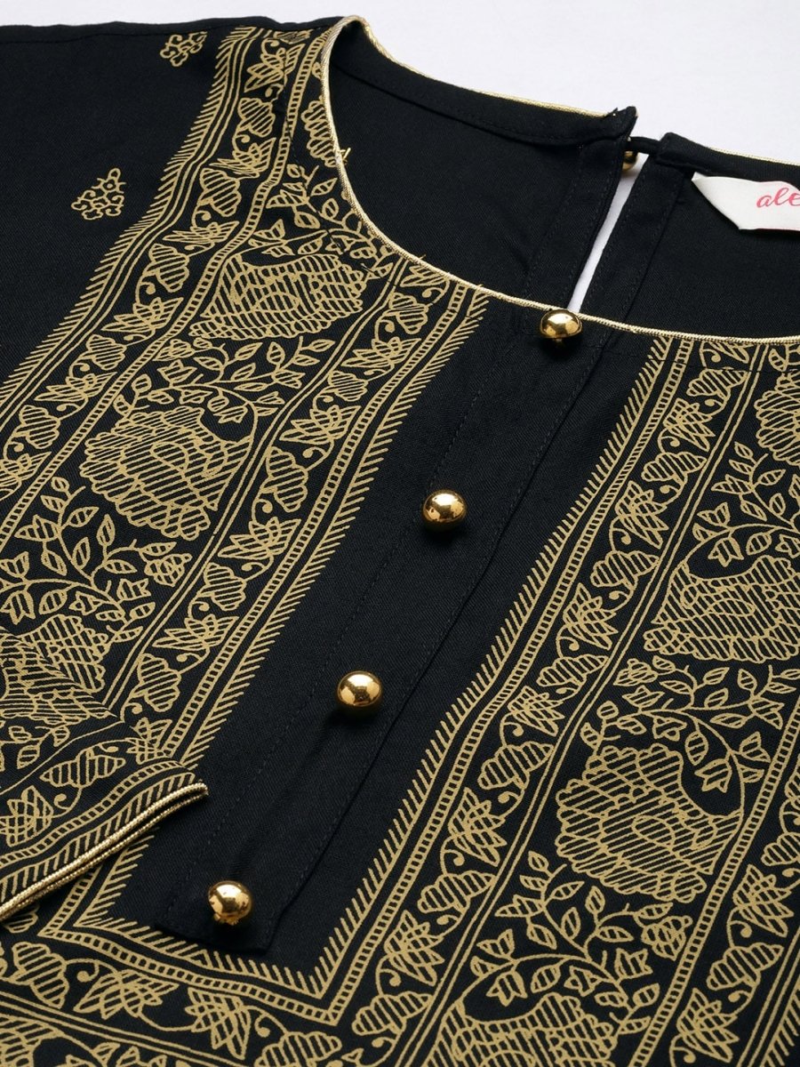 All About You Women Black & Mustard Yellow Printed Kurta with Trousers