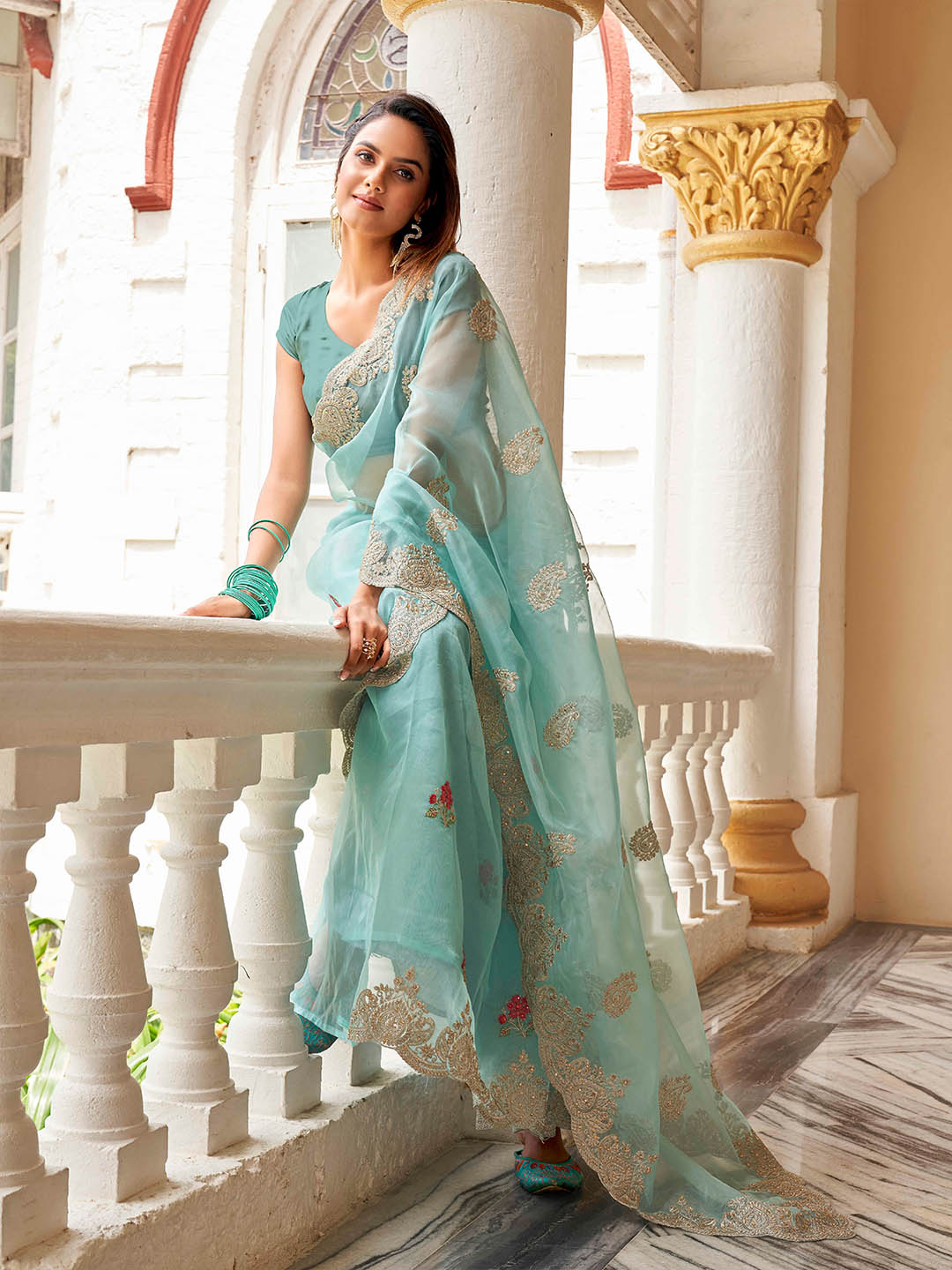 Tikhi Imli Ethnic Motifs Embroidery Organza Heavy Work Saree