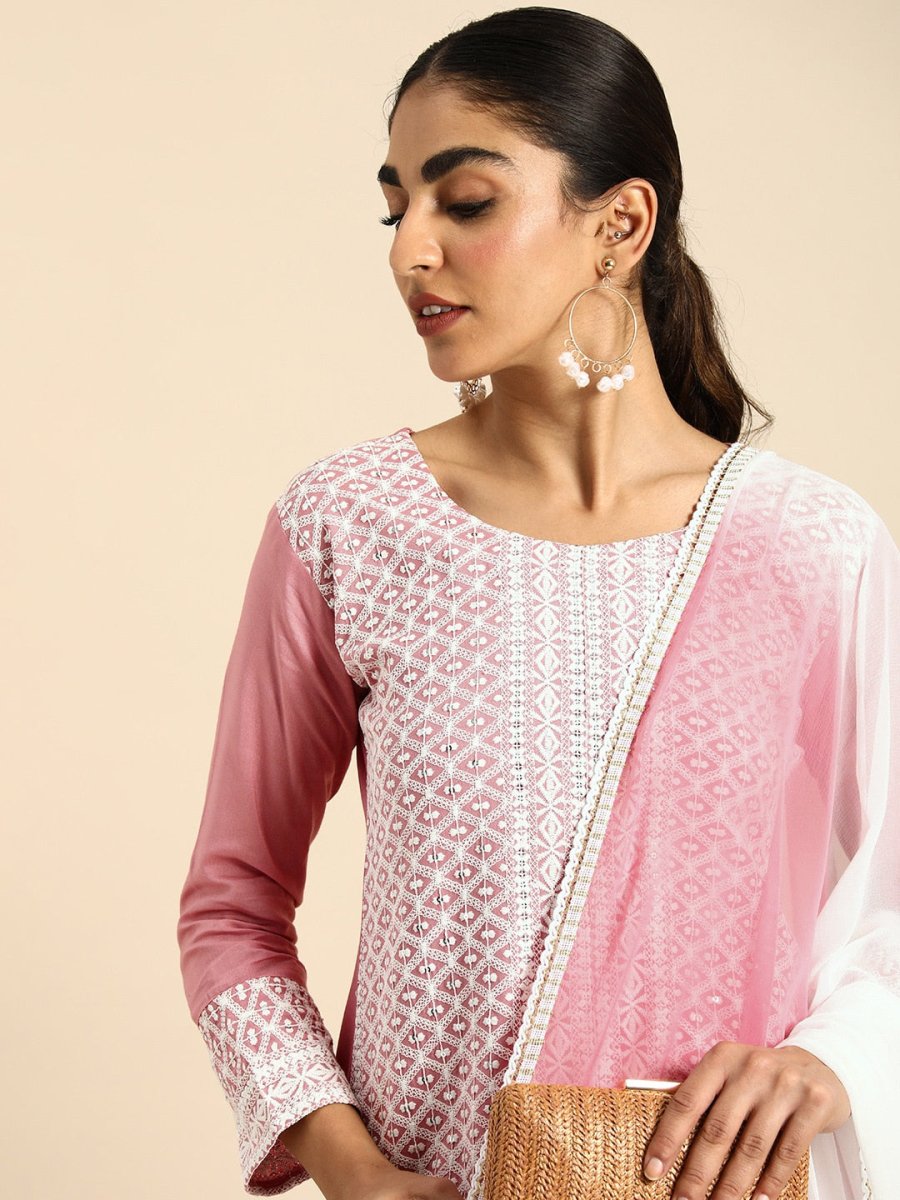 All About You Women Embroidered Chikankari Kurta With Trousers & With Dupatta