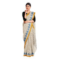 Exclusive Collection 100% Pure Cotton Off White Blue Saree With Printed Work