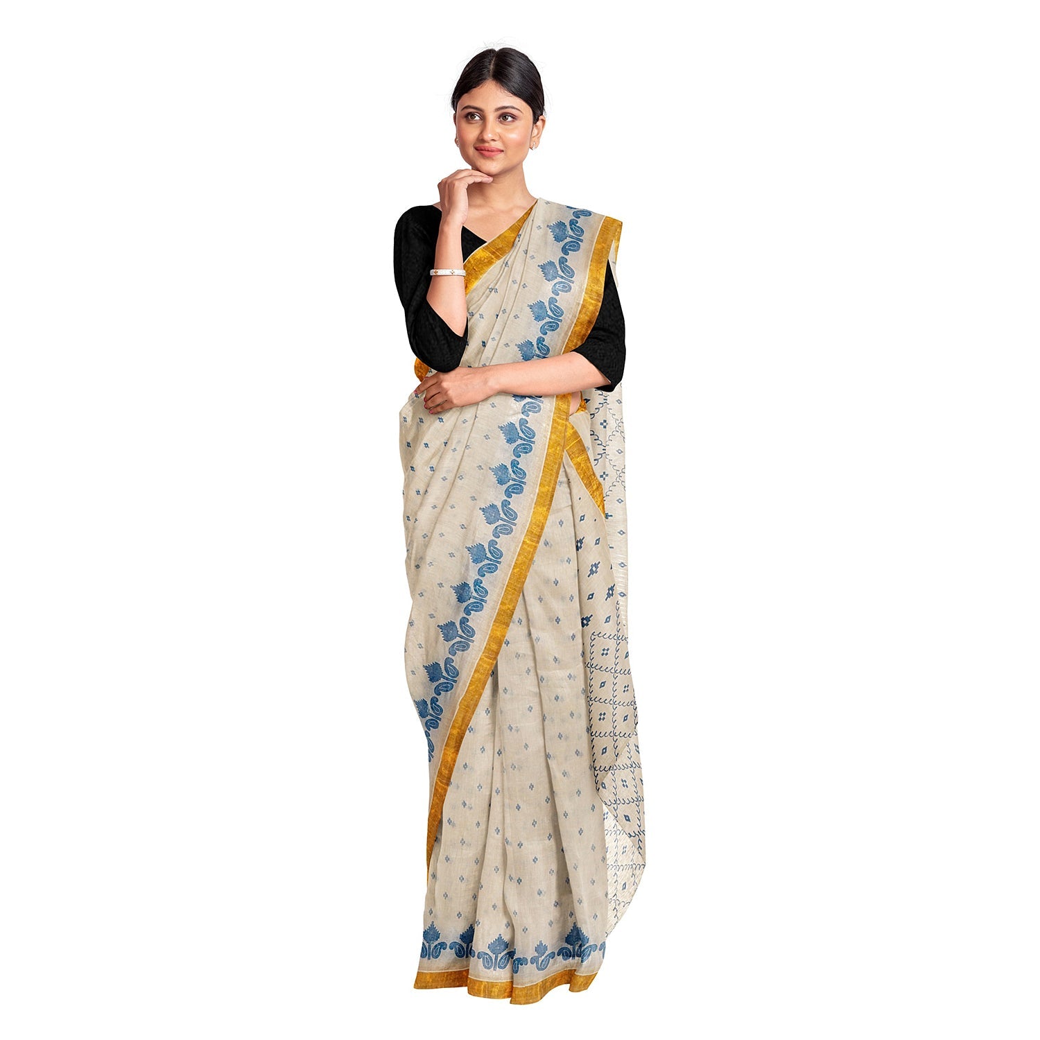 Exclusive Collection 100% Pure Cotton Off White Blue Saree With Printed Work