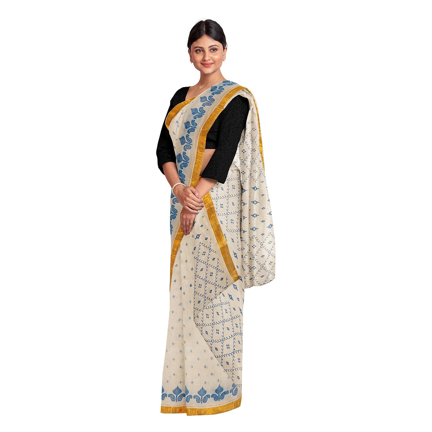Exclusive Collection 100% Pure Cotton Off White Blue Saree With Printed Work