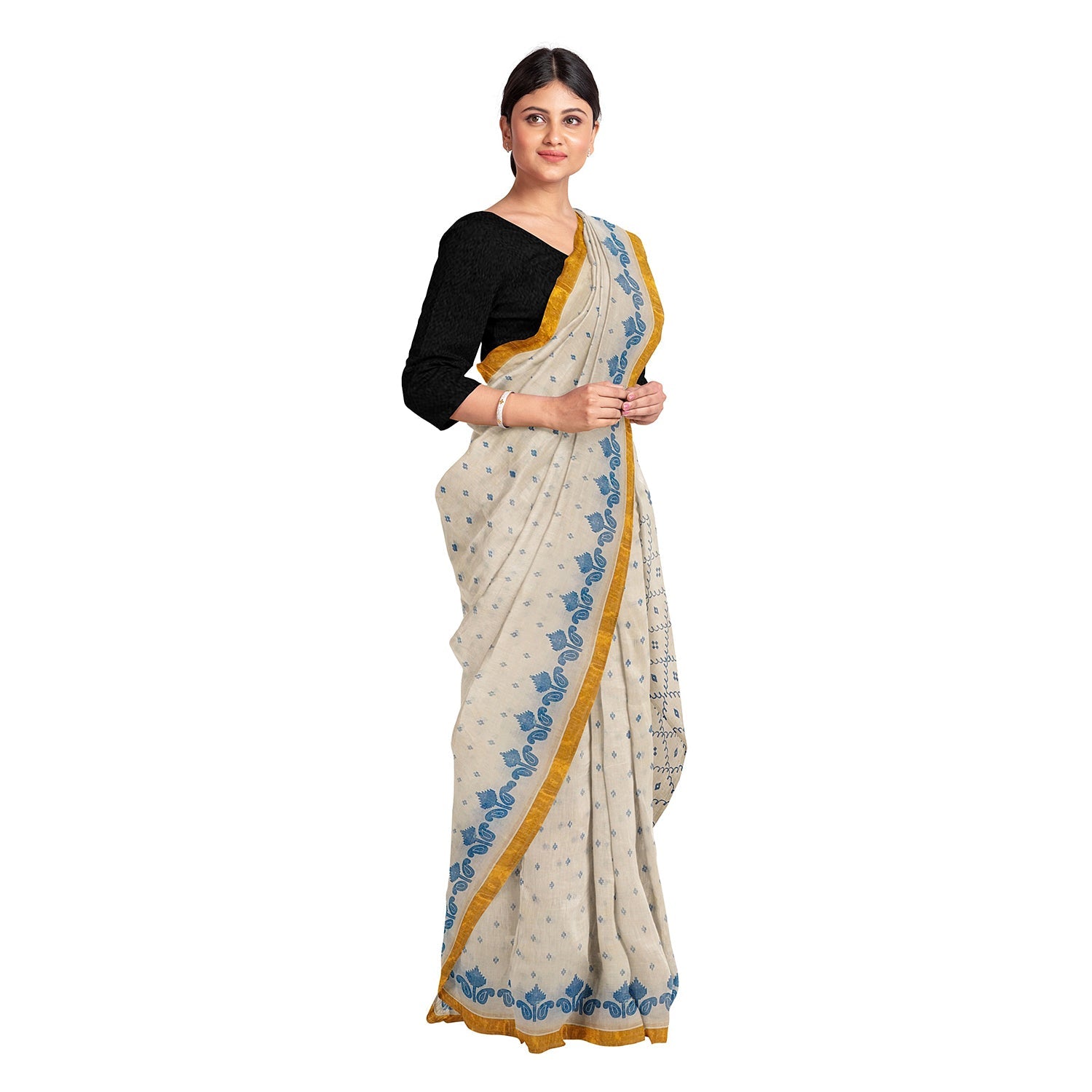 Exclusive Collection 100% Pure Cotton Off White Blue Saree With Printed Work