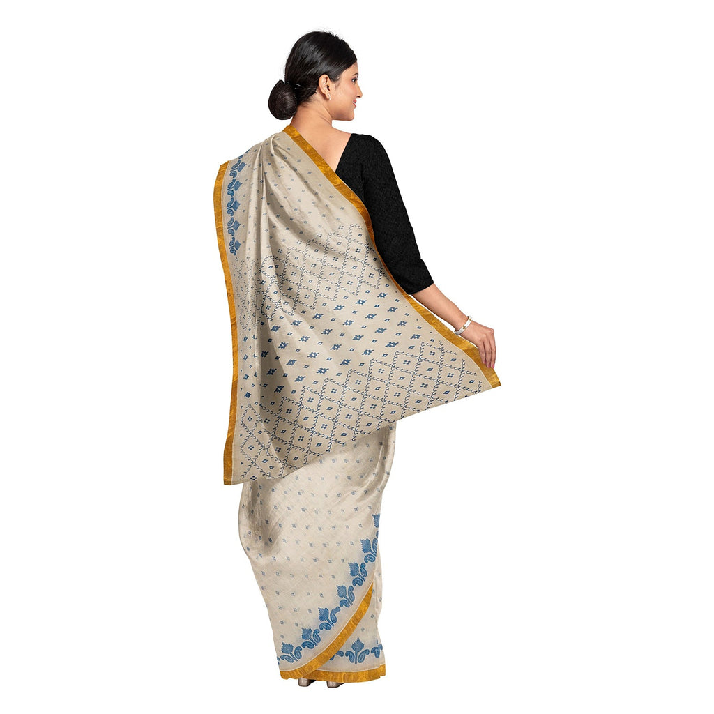 Exclusive Collection 100% Pure Cotton Off White Blue Saree With Printed Work