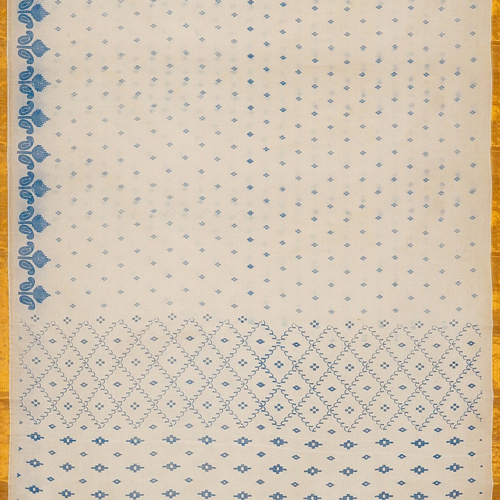 Exclusive Collection 100% Pure Cotton Off White Blue Saree With Printed Work