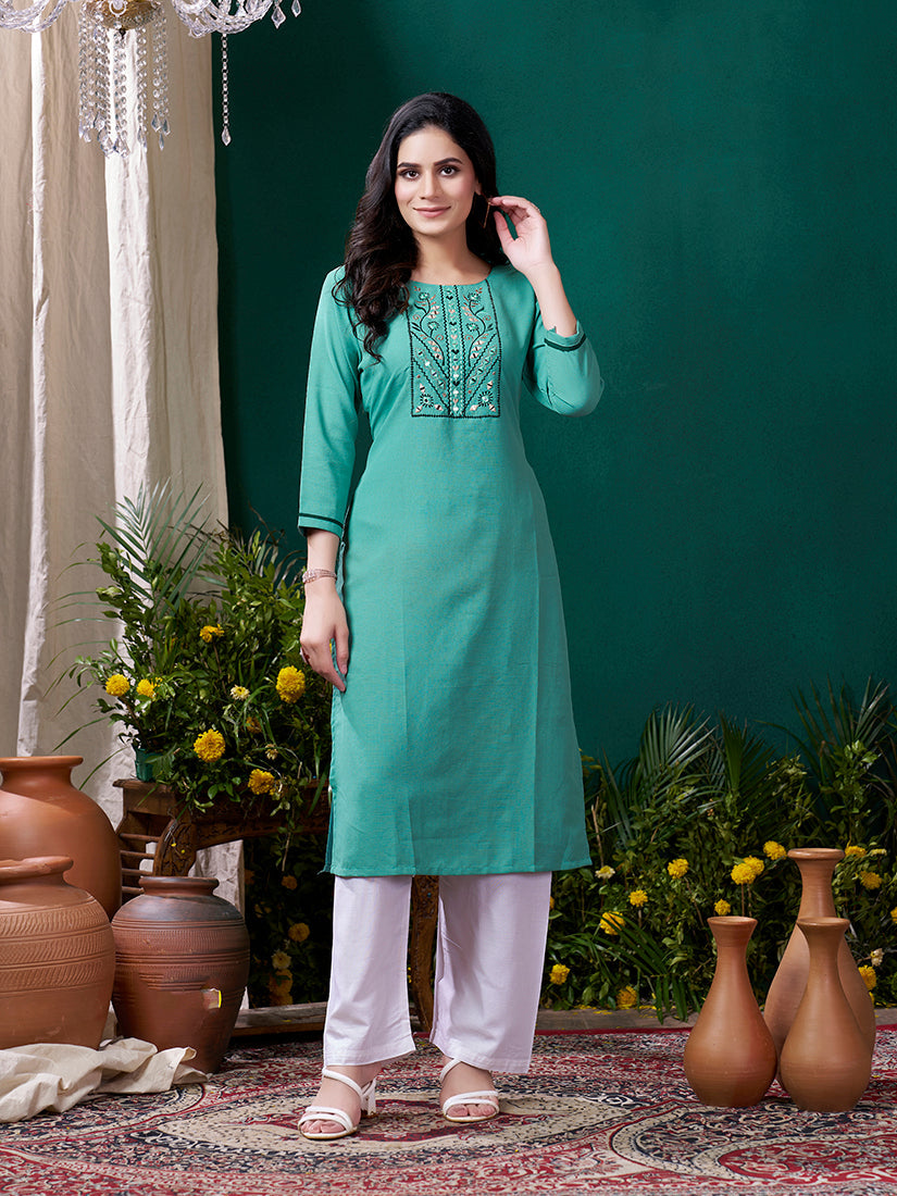 Monjolika Fashion Sky Blue Maaza Cotton Hand Work With Pocket Casual Kurti