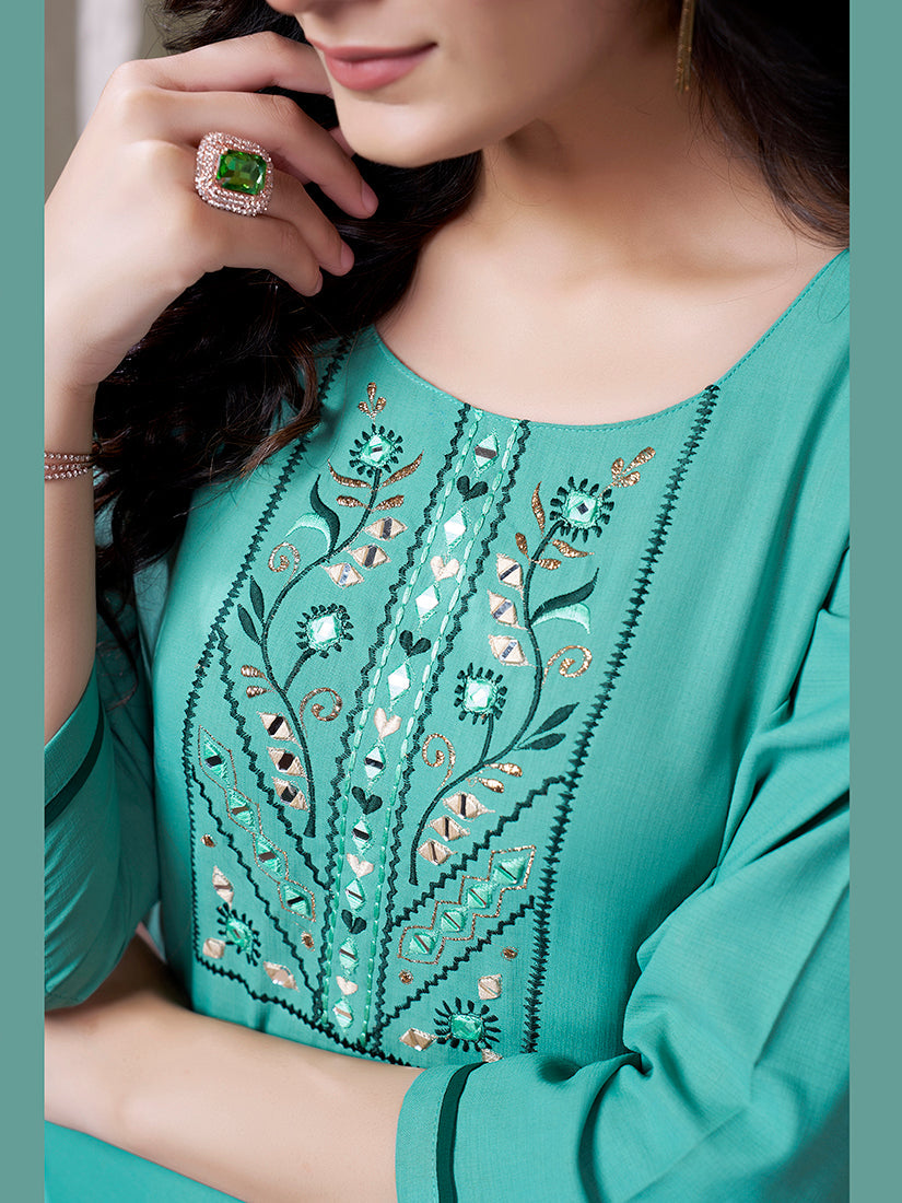 Monjolika Fashion Sky Blue Maaza Cotton Hand Work With Pocket Casual Kurti