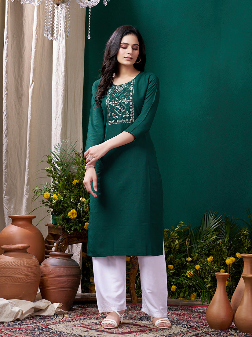Monjolika Fashion Dark Green Maaza Cotton Hand Work With Pocket Casual Kurti