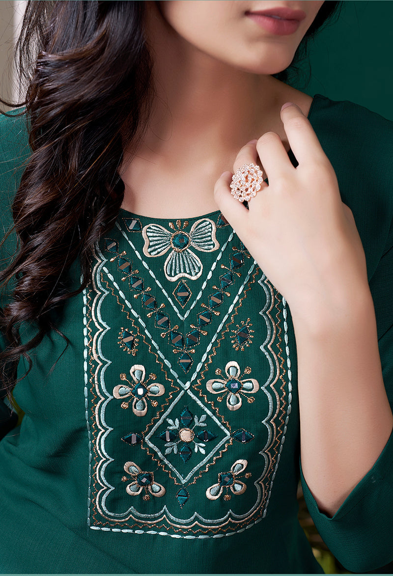 Monjolika Fashion Dark Green Maaza Cotton Hand Work With Pocket Casual Kurti