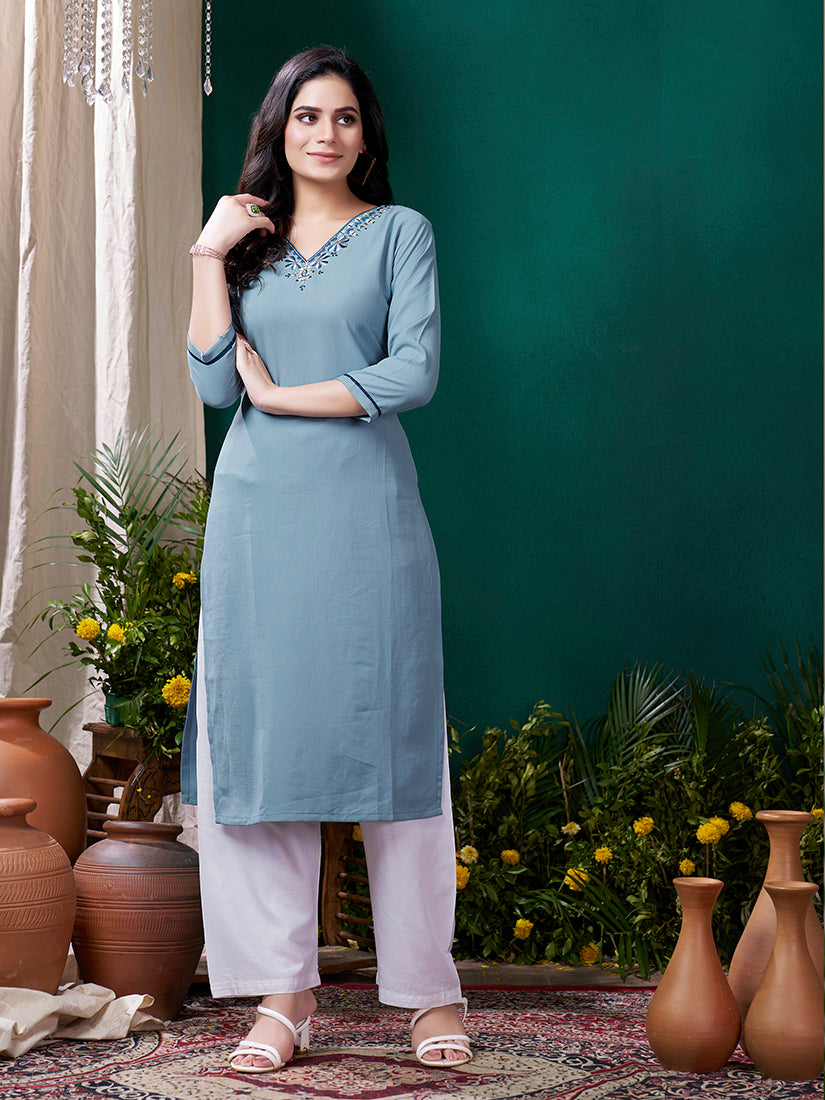 Monjolika Fashion Light Blue Maaza Cotton Hand Work With Pocket Casual Kurti