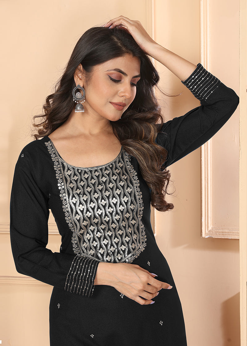 Monjolika Fashion Black Premium Rayon Heavy Sequence Embroidery Kurtis Pant Pair