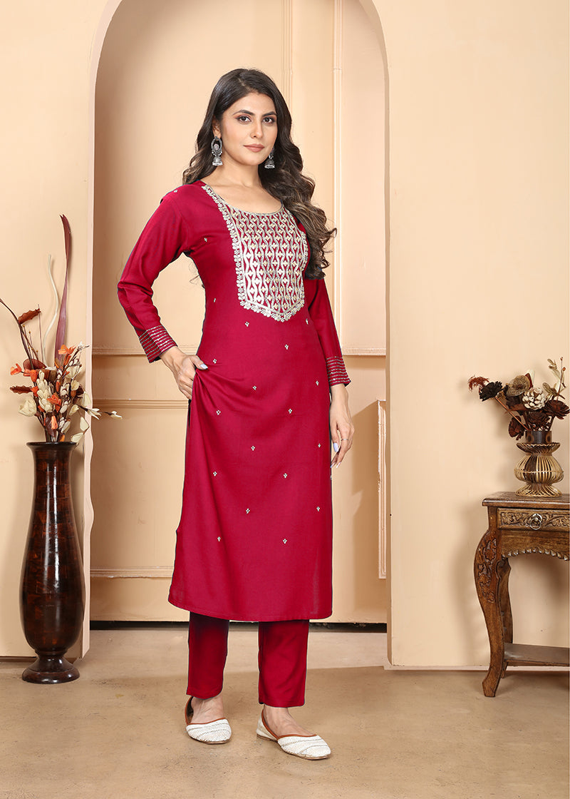 Monjolika Fashion Red Premium Rayon Heavy Sequence Embroidery Kurtis Pant Pair