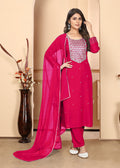 Monjolika Fashion Dark Pink Premium Rayon Heavy Sequence Embroidery Kurtis Pant Pair