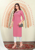 Monjolika Fashion Light Pink Maaza Cotton Hand Work With Pocket Kurti