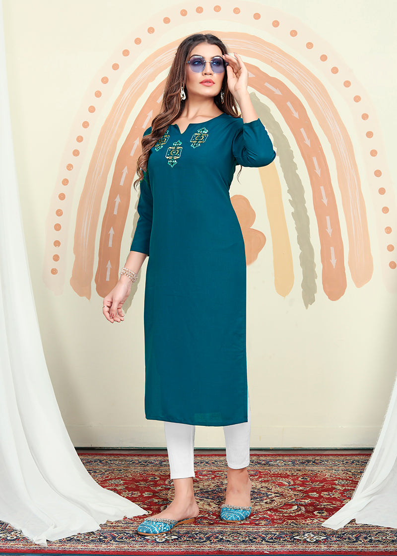 Monjolika Fashion Teal Blue Maaza Cotton Hand Work With Pocket Kurti