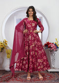 Monjolika Fashion Rani Pink Premium Chanderi Floral Printed Long Kurti With Dupatta