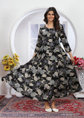 Monjolika Fashion Black Premium Chanderi Floral Printed Long Kurti With Dupatta