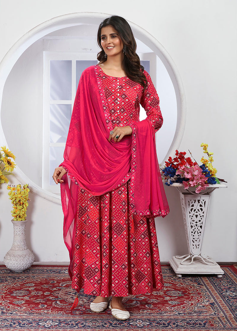 Monjolika Fashion Pink Premium Chanderi Floral Printed Long Kurti With Dupatta