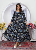 Monjolika Fashion Royal Blue Premium Chanderi Floral Printed Long Kurti With Dupatta