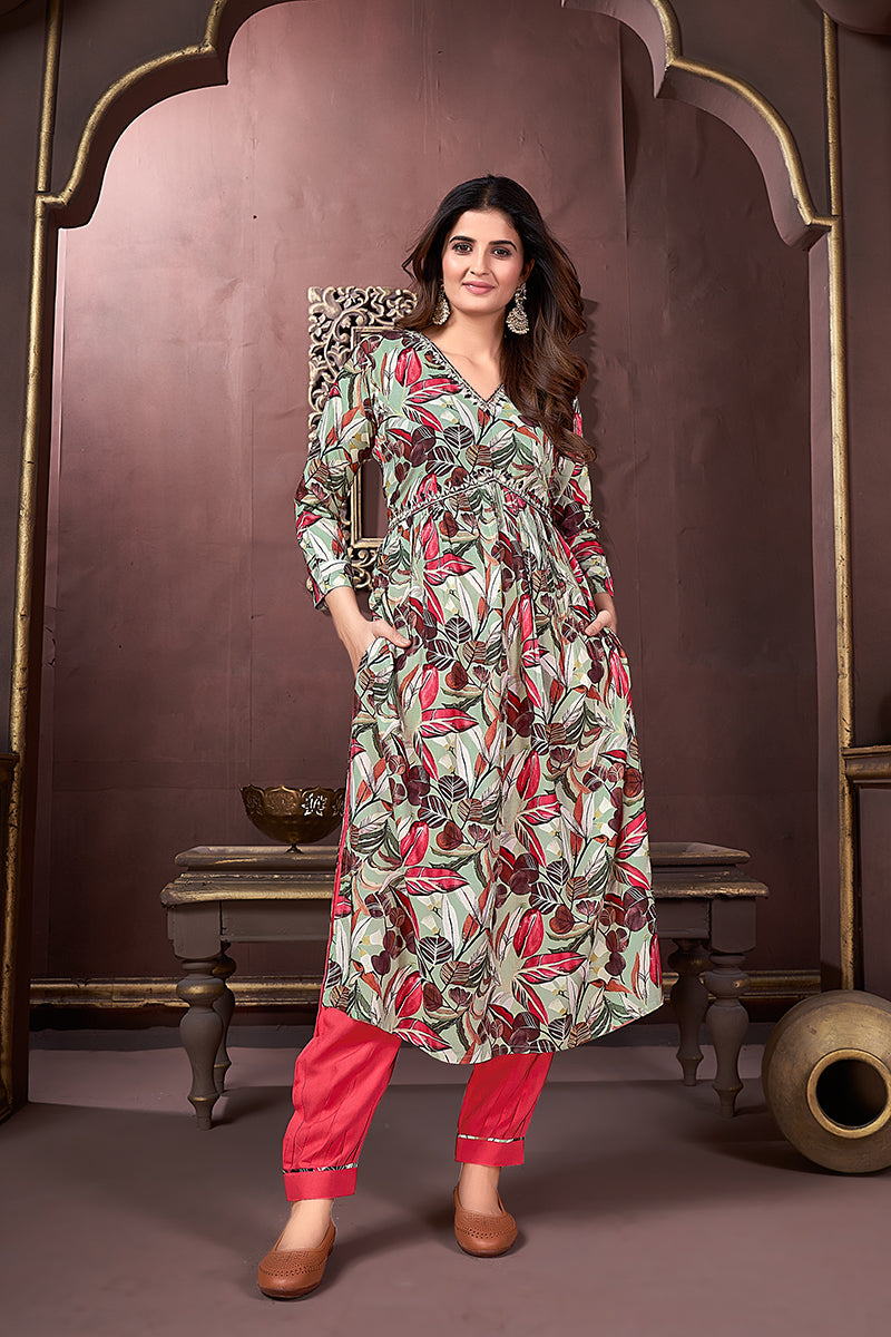 Monjolika Fashion Red Rayon Printed Festival Wear Afghani Suit